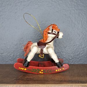 Vintage Wooden Toy White Rocking Horse Christmas Ornament Red Rockers Brown Tack